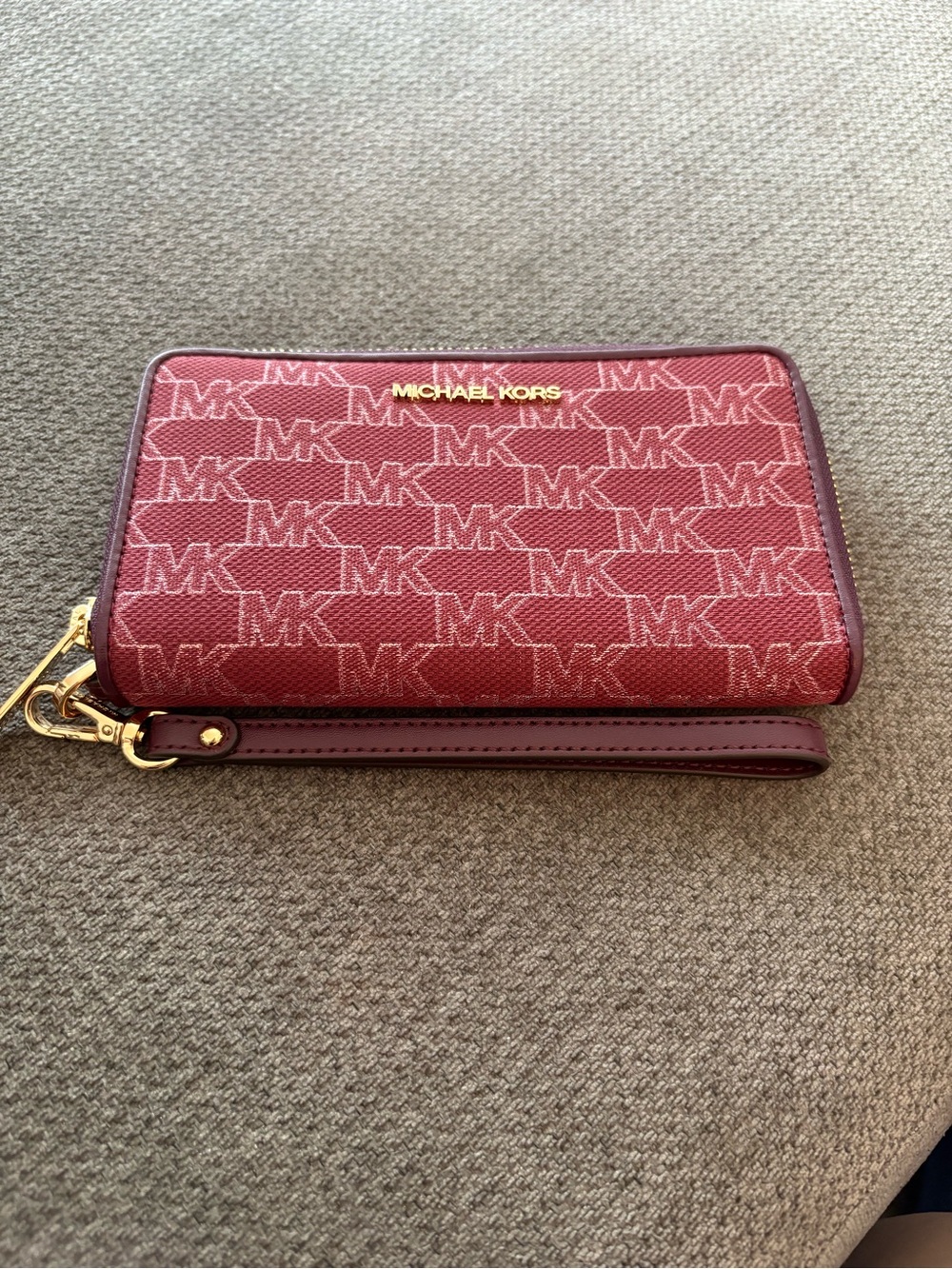 Michael Kors Burgundy MK Signature Wristlet Wallet with Gold Hardware